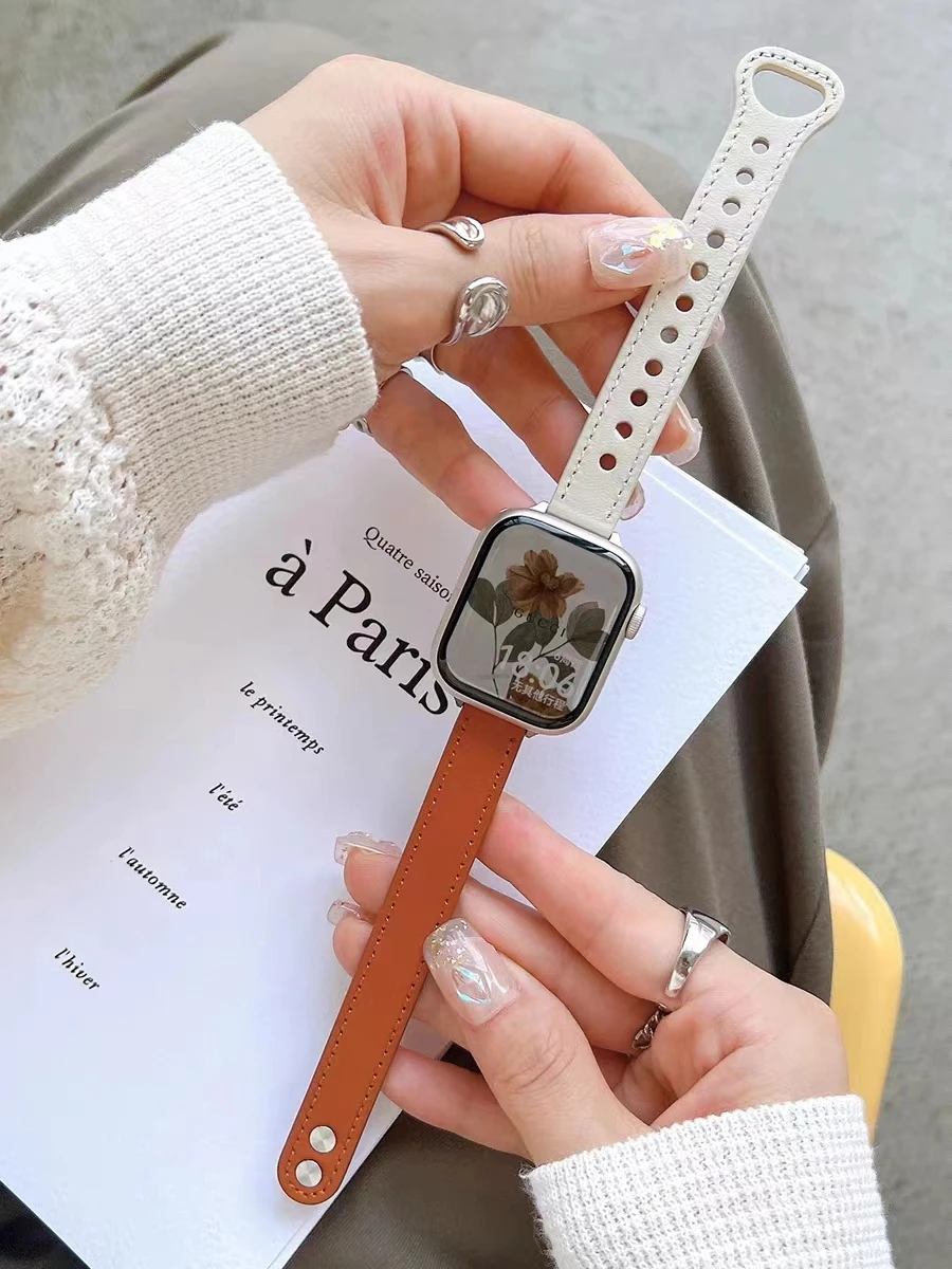 Bracelet en cuir fin pour Apple Watch, 7 8SE 6 5 4 38/42 40/44mm, pour iWatch 49Ultra 3 2 1 41/45mm, double clou