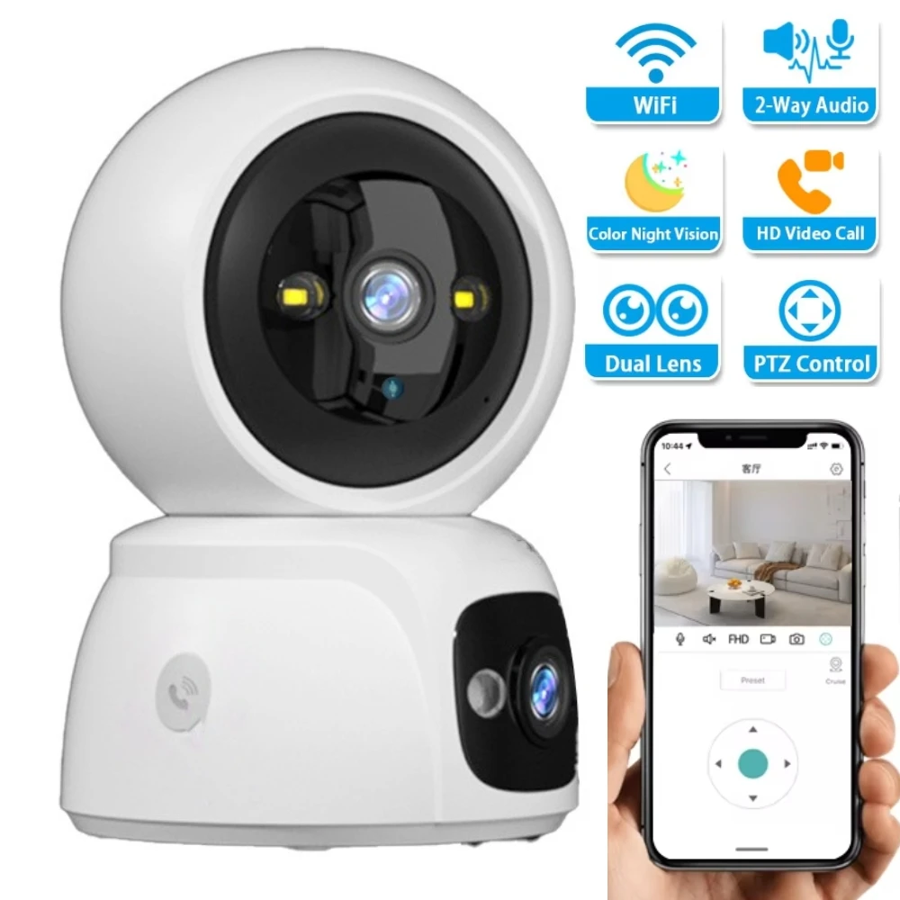 Dual Lens Wifi Security Camera 360 PTZ Motion Detection Night Vision Baby Monitor Indoor 2-Way Audio Home Surveillance Cameras