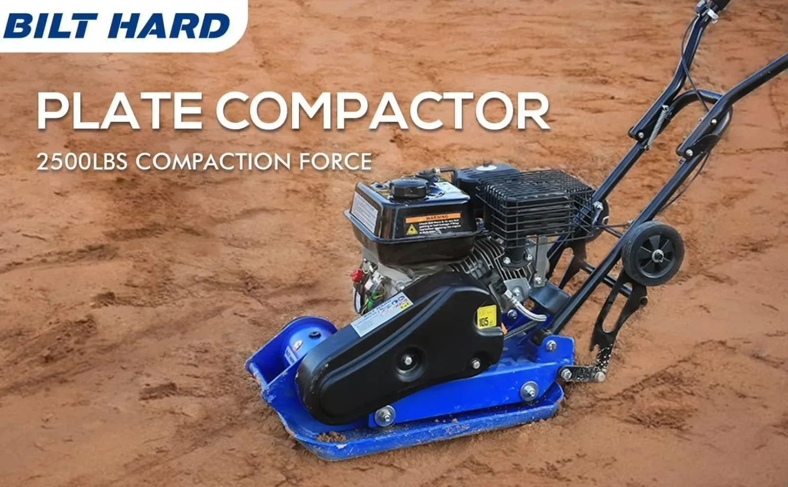 

A Plate Compactor Rammer 6.5HP 196cc Gas Engine 5500 VPM 2500 lbs Compaction Force 21 x 14.5 inch Plate Ground Compactors