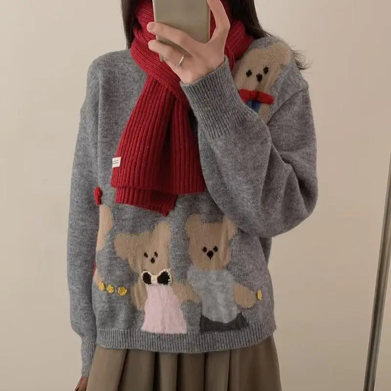 Cartoon Cute Jacquard Pullover Sweater Women  Autumn Winter New Loose Versatile Warm Knitwear Kawaii Fashion Women's Sweater