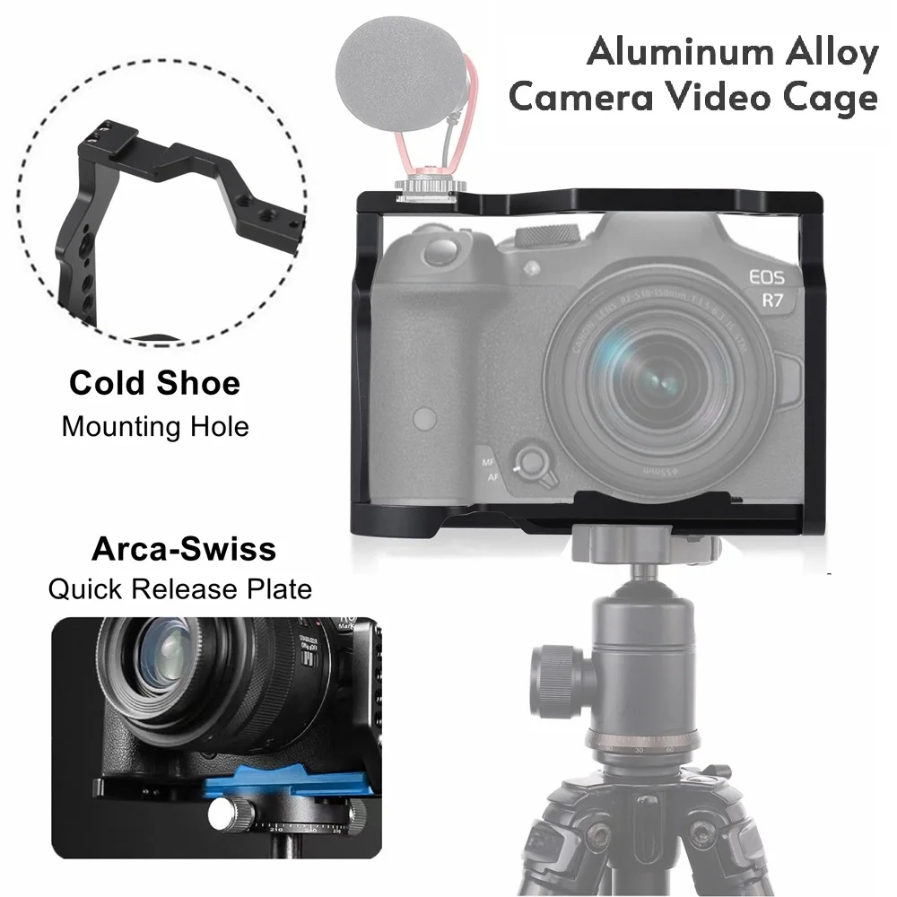 Kompatybilny z klatką aparatu Canon EOS R7 z mocowaniem typu cold shoe, otworami gwintowanymi 1/4'' i 3/8'' oraz płytą Arca-Swiss QR do statywu. — zdjęcie produktu 3