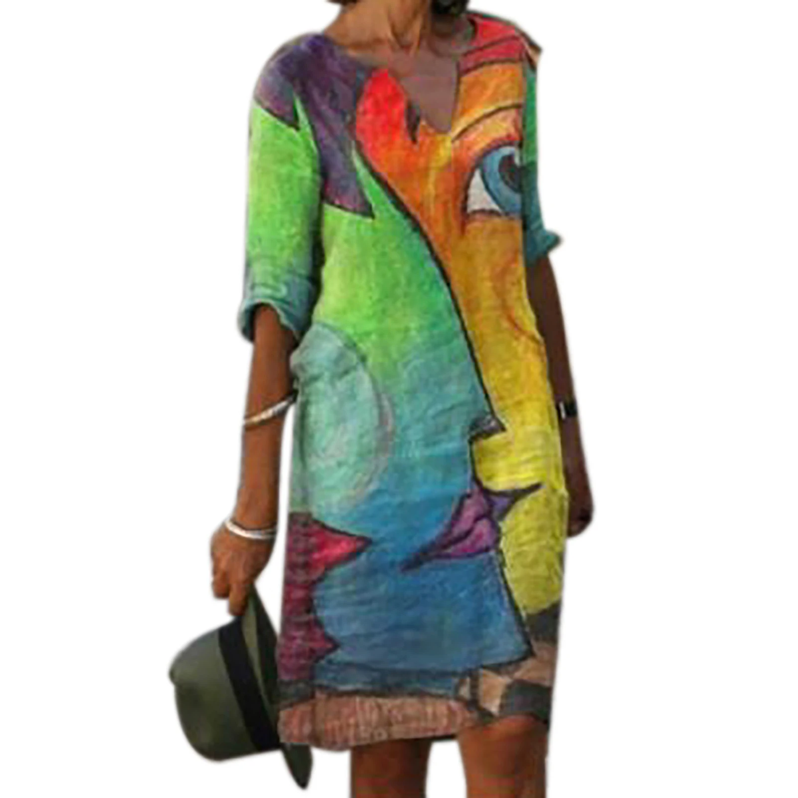 Women's Daily T Shirt Dress with Print Half-sleeve V-Neck Pullover Dress for Outdoor Office Performances