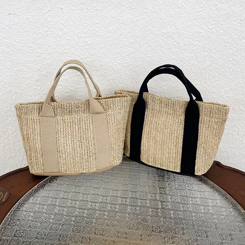Contrast Webbing Straw Handheld Mini Tote Bag, Summer Vacation Style Simple Woven Leisure Handbag