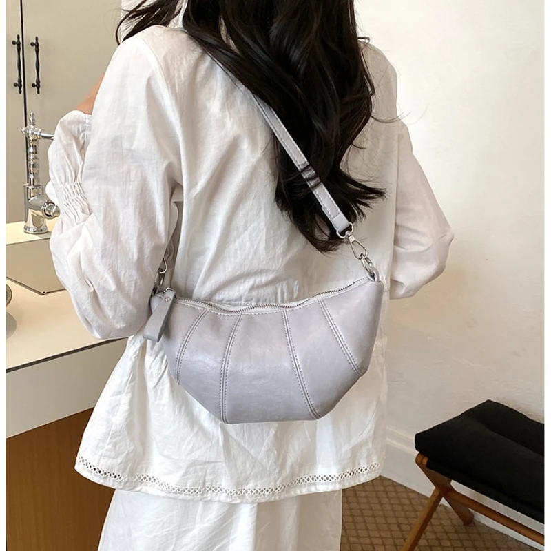 Soft PU Semicircle Shoulder Bags Women Stitching Design Crescent Crossbody Bag Adjustable Strap Casual Daily Ladies Side Bag view 3