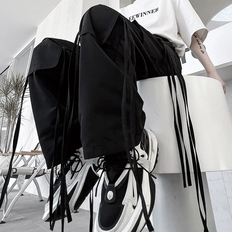 2024 Men's Spring High Street Casual Trousers Men's Ribbon Design Handsome Solid Color Straight-Leg Trousers Trendy Male Pants