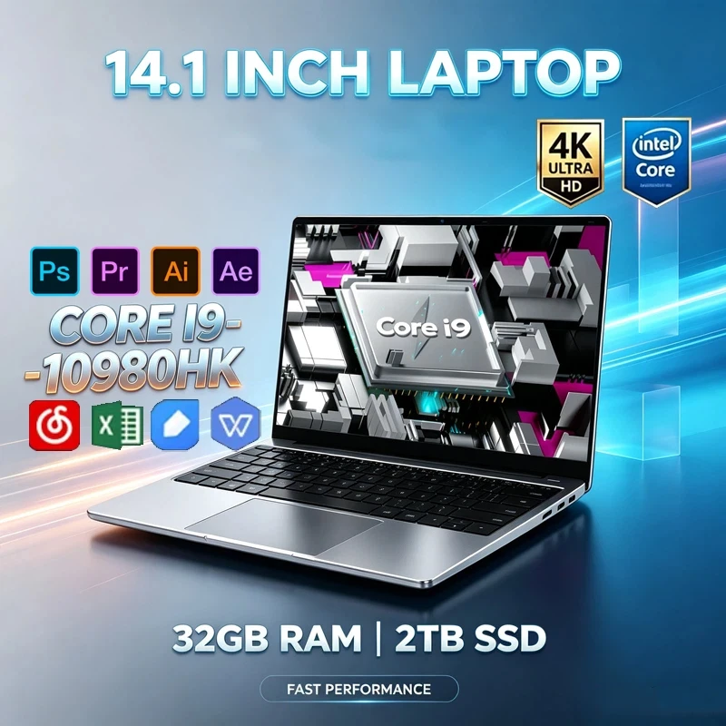 Ultra Slim 14.1 Inch Laptop Intel Core I9-10980HK 32GB DDR4 2TB SSD 4K WiFi6 BT5.2 Win11 Gaming Office Student Graphic Design La