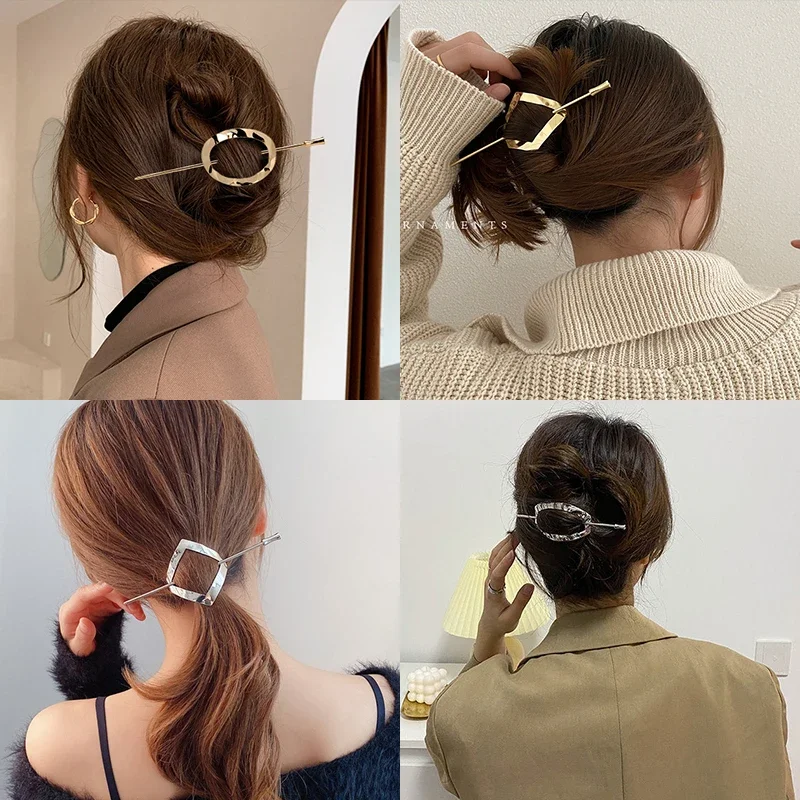 Geometric Gold Silver Color Metal Hair Stick Women Ponytail Holder Styling Tools Trendy Accessories Korean Forks Hairpin Jewelry