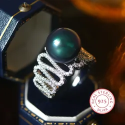New Hollow Zircon Purple-black Pearl Ring For Women 925 Silver Fashion Jewelry Opening Ring Bridal Gift Women