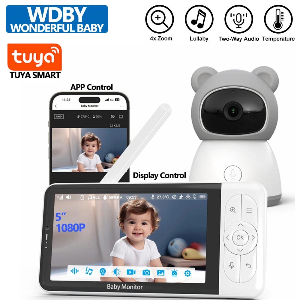 

Tuya Smart Wireless Video Baby Monitors 5" 1080P Display Temperature Detection APP View Control Baby Nanny 2-Way Audio Baby Cam