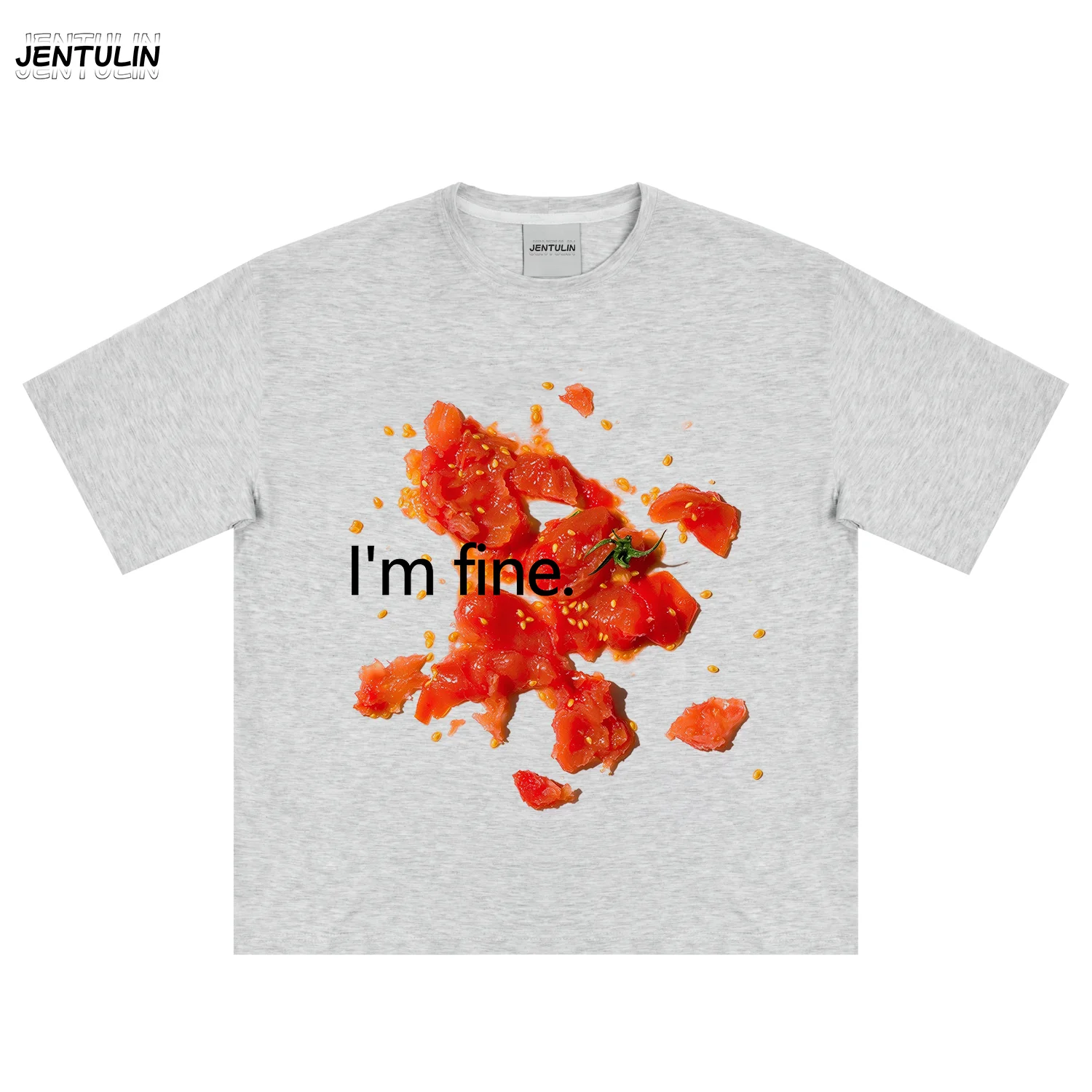 Unisex Oversized T-Shirt I'm Fine Smashed Tomato Print Short Sleeve Crew Neck White Tee Y2K Streetwear Summer Casual Tops