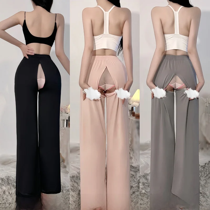 High Waist Wide Leg Pants Invisible Zipper Opening Ice Silk Casual Pants Women No Need to Take off Hollow Straight Leg Pants