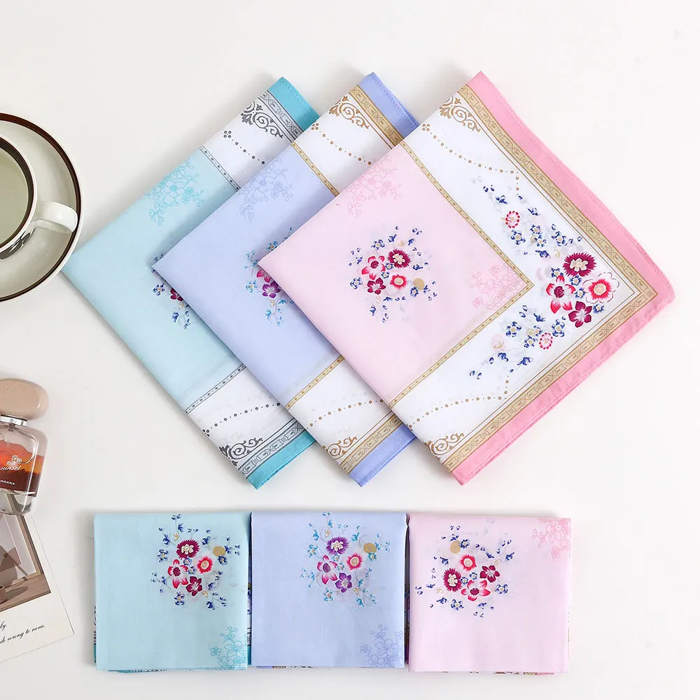 Ladies 43cm Pure Cotton Floral Printed Hankies Soft Lightweight Absorbent Handkerchief for Summer Sweat Clean