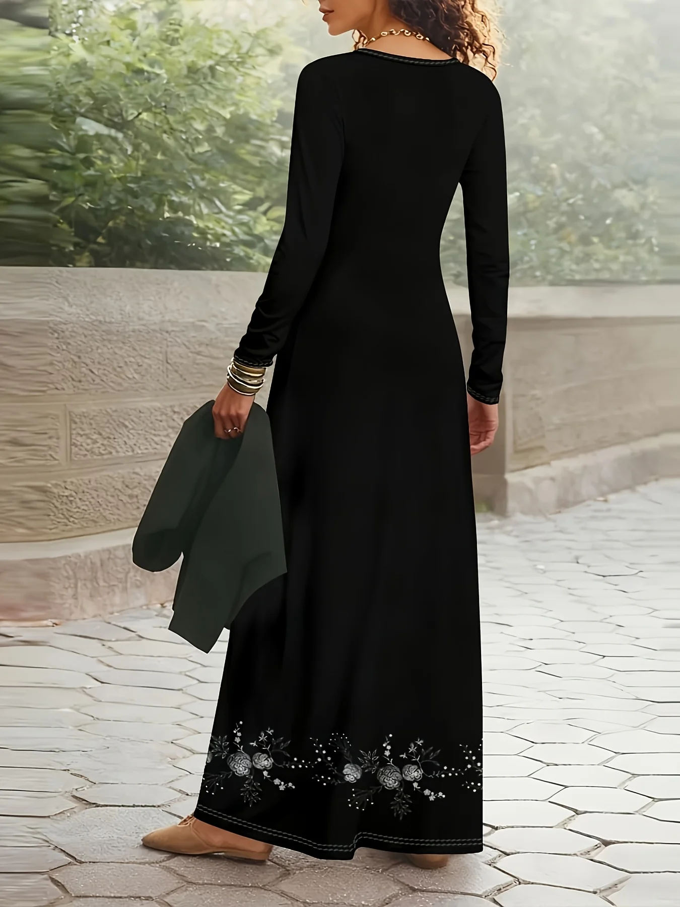 Printed Design Flower pattern on casual style black dress