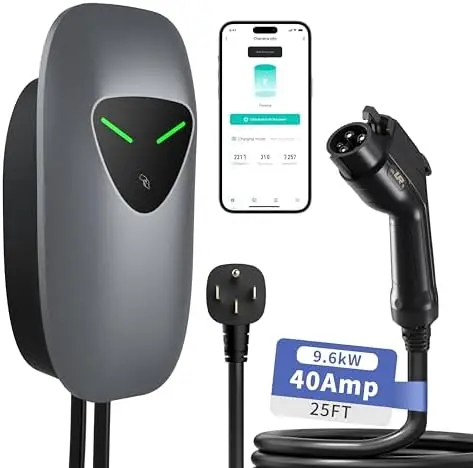 

Level 2 EV Charger 40A 240V 9.6kW with WiFi, RFID, 25ft Cable, NEMA 14-50 (Grey)