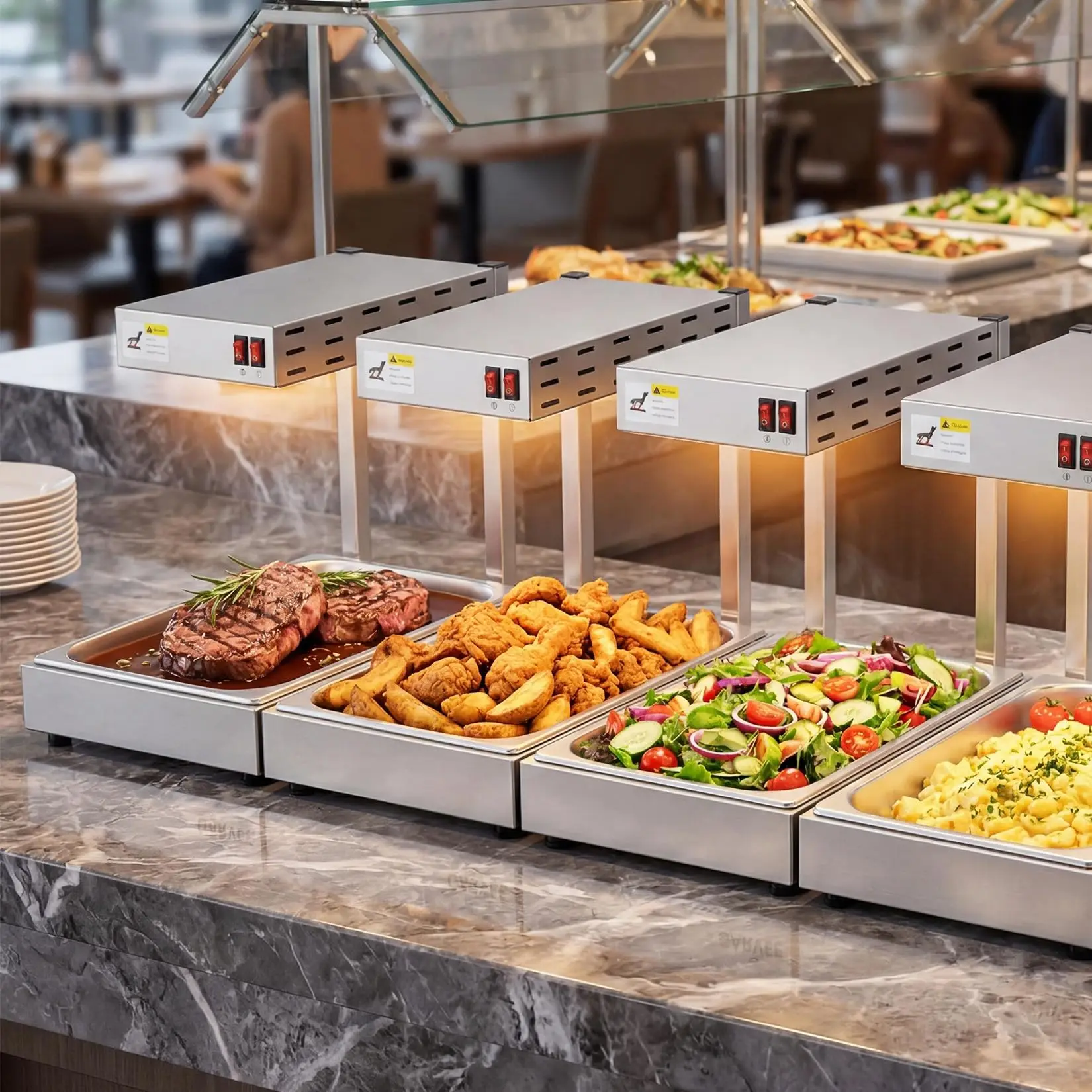Estação de aquecimento de alimentos por infravermelho comercial com base de aço inoxidável, lâmpada de calor para balcão, para batatas fritas, pizza, buffet e restaurante.