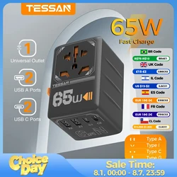 TESSAN 65W GaN internationale stekker reisadapter met USB Type C 140/100/35W wereldwijde universele voedingsadapter EU/UK/US/AUS-stekker