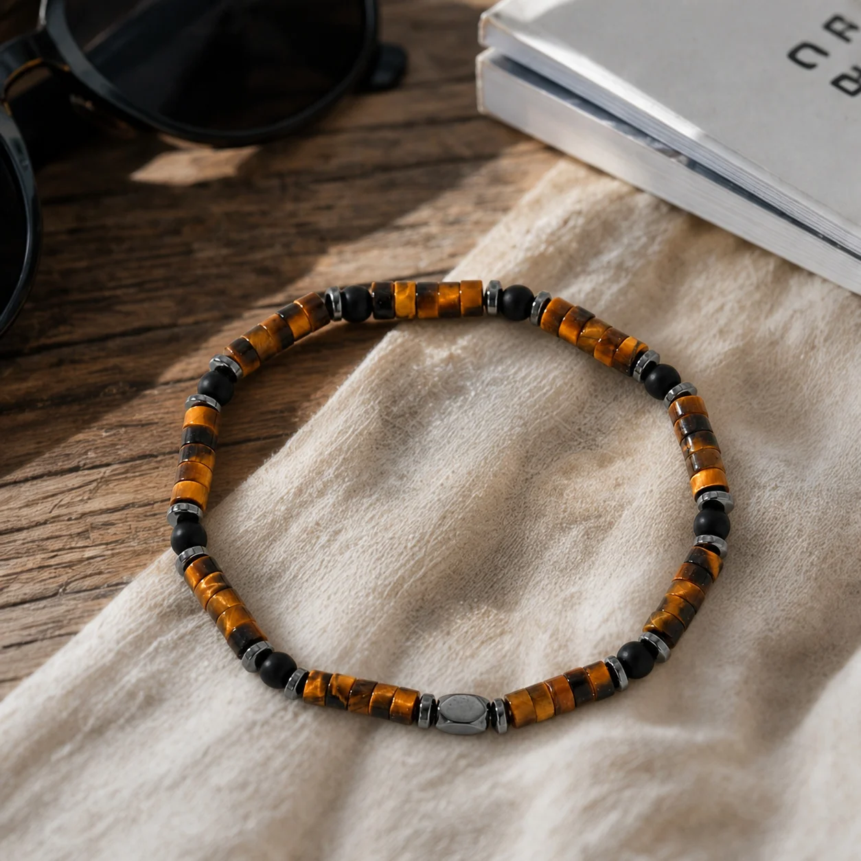 1pc Semi Precious Stone Beaded Bracelet for Men Brown Black Round Beads Stretch Wristband Natural Casual Style