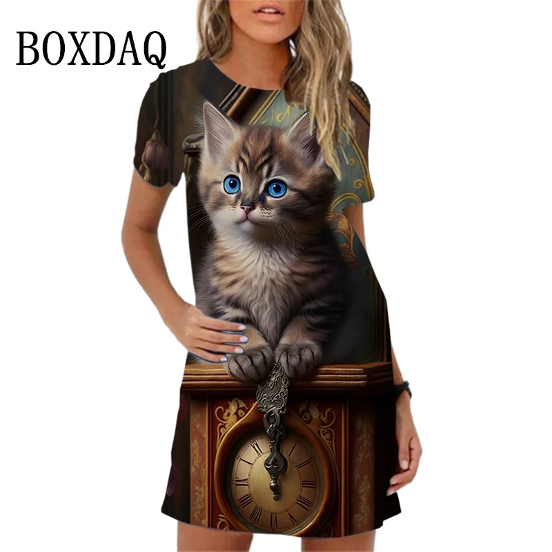 2024 New Women Spring Summer Dress Hip Hop Abstract 3D Cat Pattern Short Sleeve Mini Dress Casual O-Neck Loose Female Girl Dress