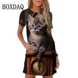 2024 New Women Spring Summer Dress Hip Hop Abstract 3D Cat Pattern Short Sleeve Mini Dress Casual O-Neck Loose Female Girl Dress