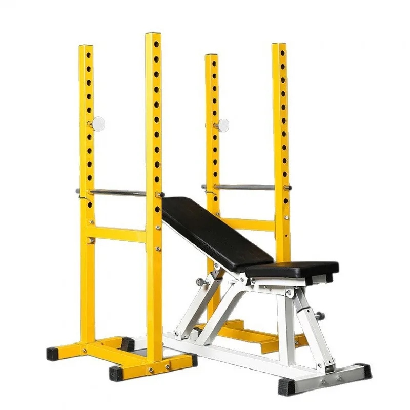 Steel squat frame with parallel bars and bench press, movable
