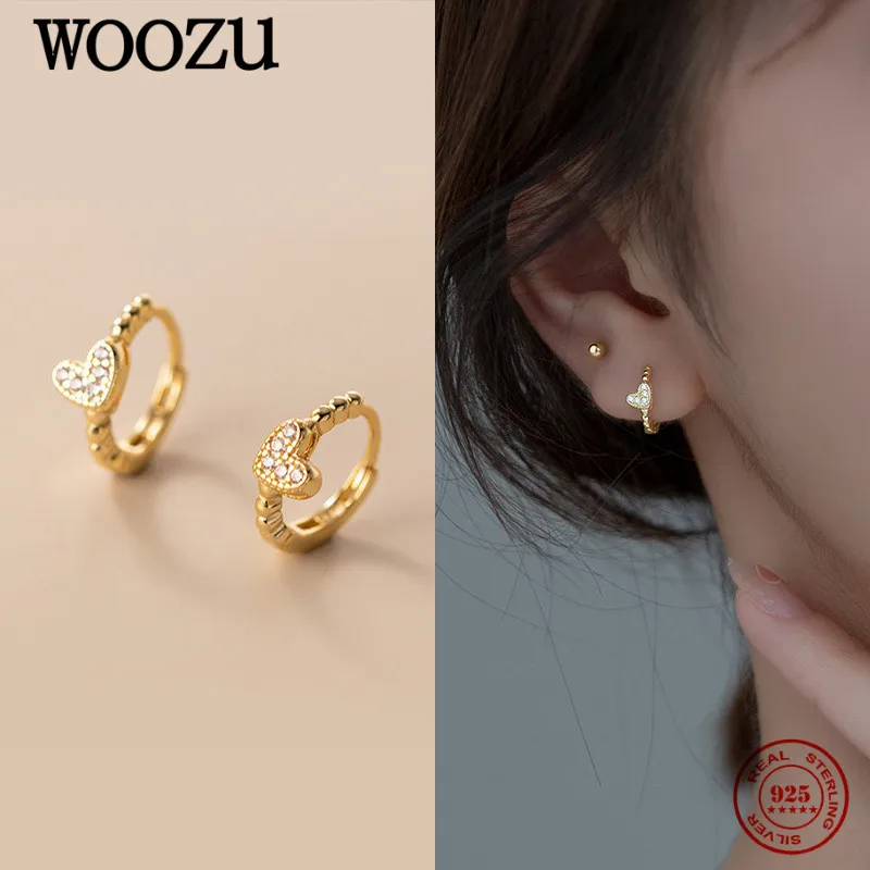 WOOZU Real 925 Sterling Silver INS Sweet Love Heart Pave Zircon Hoop Earrings For Women Wedding Luxury Ear Buckle Jewelry Gift