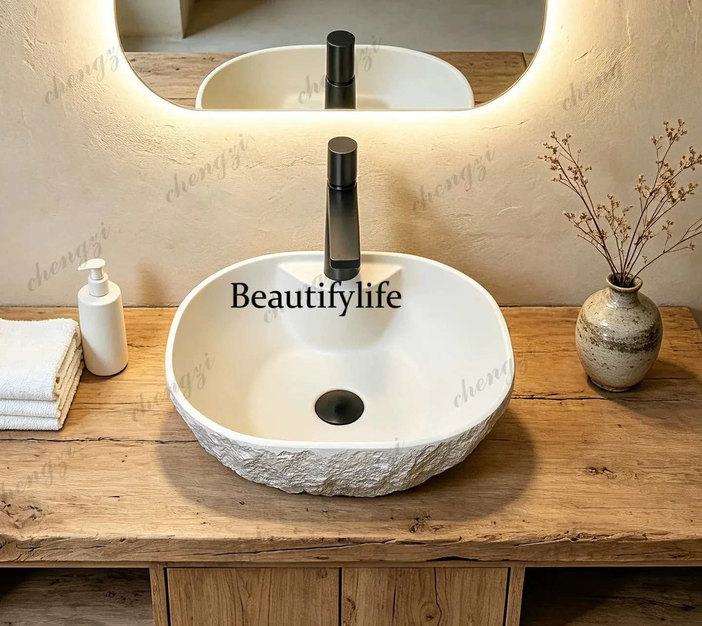 Medieval style table basin Outdoor art basin Round rock texture face basin Household