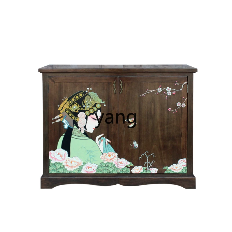 

L'm'm New Chinese Style Camphorwood Solid Wood Shoe Cabinet Hand Painted Zen Hua Dan Fresh Hallway Hall Cabinet