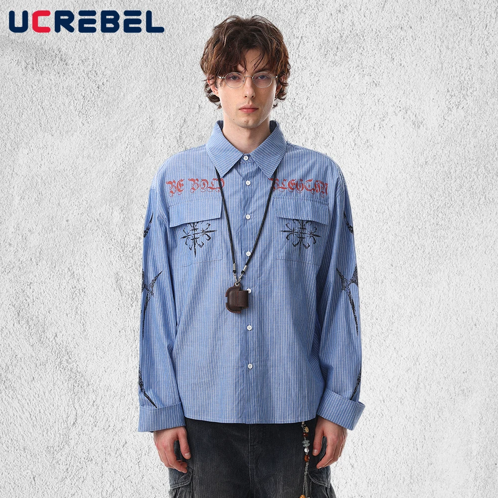 

Мужская рубашка с принтом, карманами и полосками, с принтом на спине, весенняя, в стиле ретро, свободного кроя, с отложным воротником, на одной пуговице, с длинным рукавом