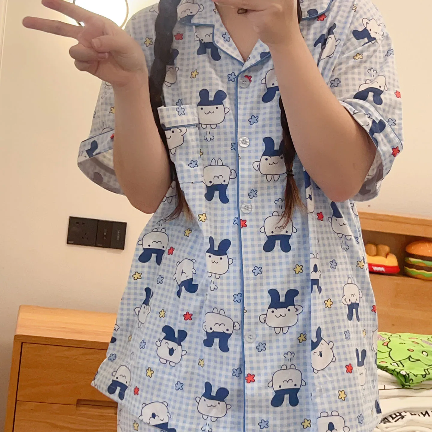 純綿半袖たまごっちミミジパジャマ漫画ホーム服女性の夏通気性快適なナイトガウン 1