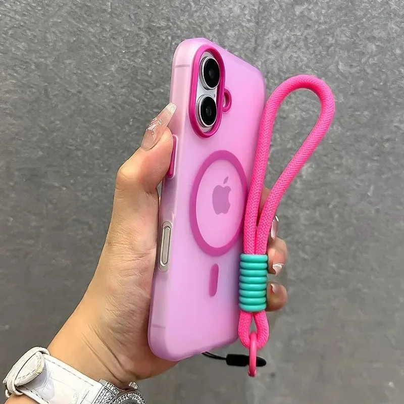Für Magsafe Candy Farbe Kontrast Lanyard Fall Für iPhone 16 15 Pro Max 14 Plus 13 12 11 16e hand Handgelenk Strap Matte Soft Cover