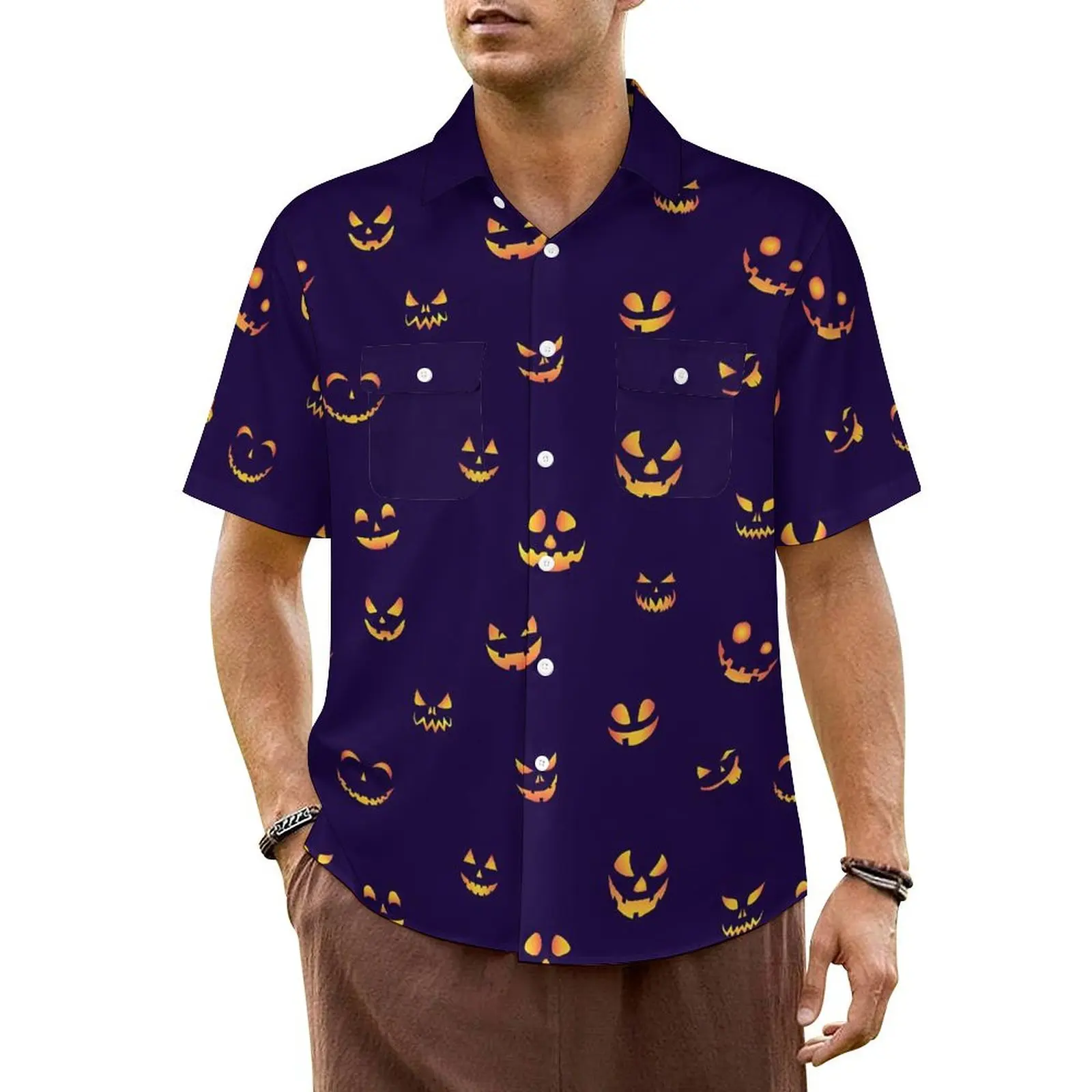 

Hawaiian Shirt Vacation Pumpkin Faces Blouses Halloween Elegant Casual Shirts Man Short Sleeves Streetwear Plus Size Clothing