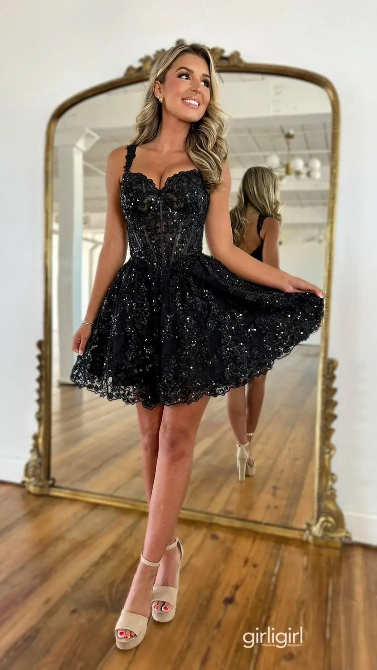 Black Sparkly Lace Appliques Corset Homecoming Dresses for Girls 2025 Sweetheart Neckline A Line Short Prom Dresses