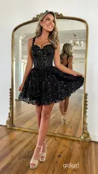 Black Sparkly Lace Appliques Corset Homecoming Dresses for Girls 2025 Sweetheart Neckline A Line Short Prom Dresses