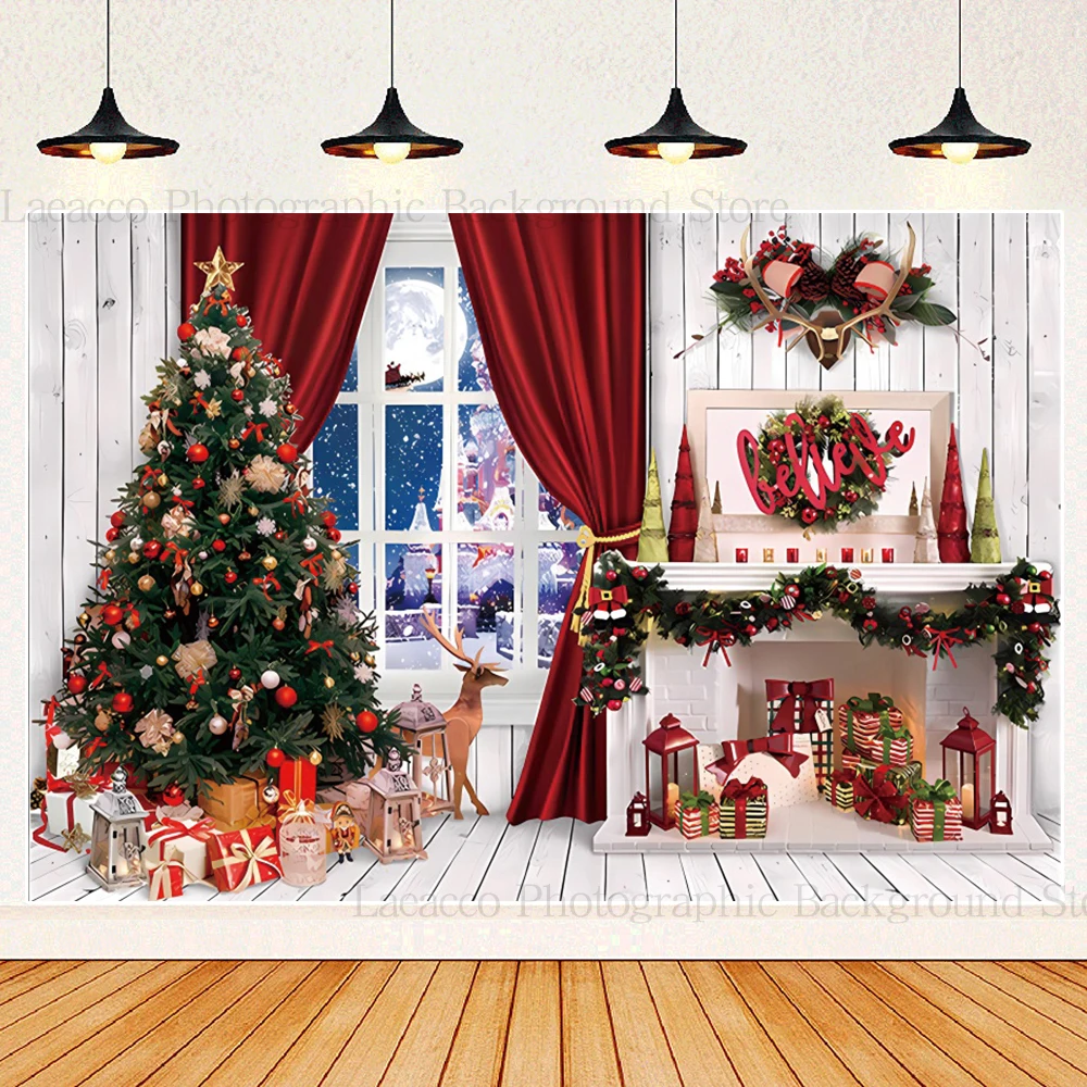 Red Christmas Fireplace Background Photography Wreath Red Christmas Tree Bells Gifts Winter Family Portrait Photo Booth Backdrop