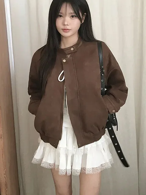 Retro Chic Long Sleeve Stand Collar Loose Fit Zipper Deer Skin Velvet Jacket Outerwear for Women Korean Style Autumn Winter