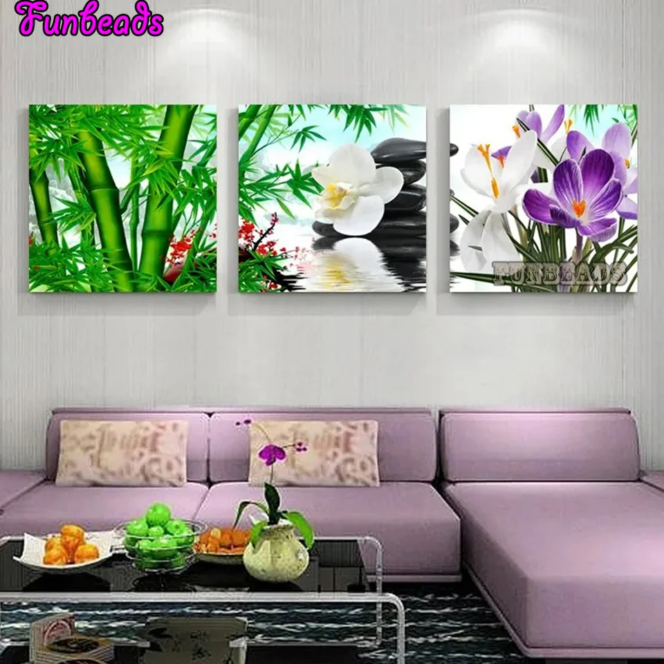 Bamboo Stone Iris 3 Pcs Flowers Diamond Painting Full Cross Stitch Kits Diamond Embroidery For Living Room Decor Triptych TT6945