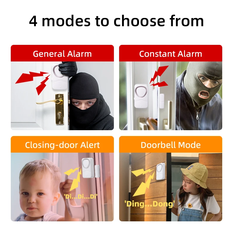 

Door Window Alarm, 110dB Loud Siren, 33mm Slim Hidden Design, 4 Modes, for Sliding Cabinet Doors, Low Battery Alert