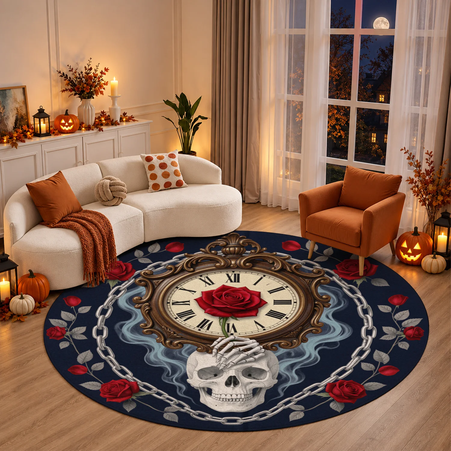 Gothic Skull Rose Clock Pattern Round Velvet Rug, Machine Washable, Suitable for Living Room, Bedroom, Dining Area, Entryway, Great for Halloween, Thanksgiving, Christmas, New Year, Black Friday, Cyber Monday Home Decor