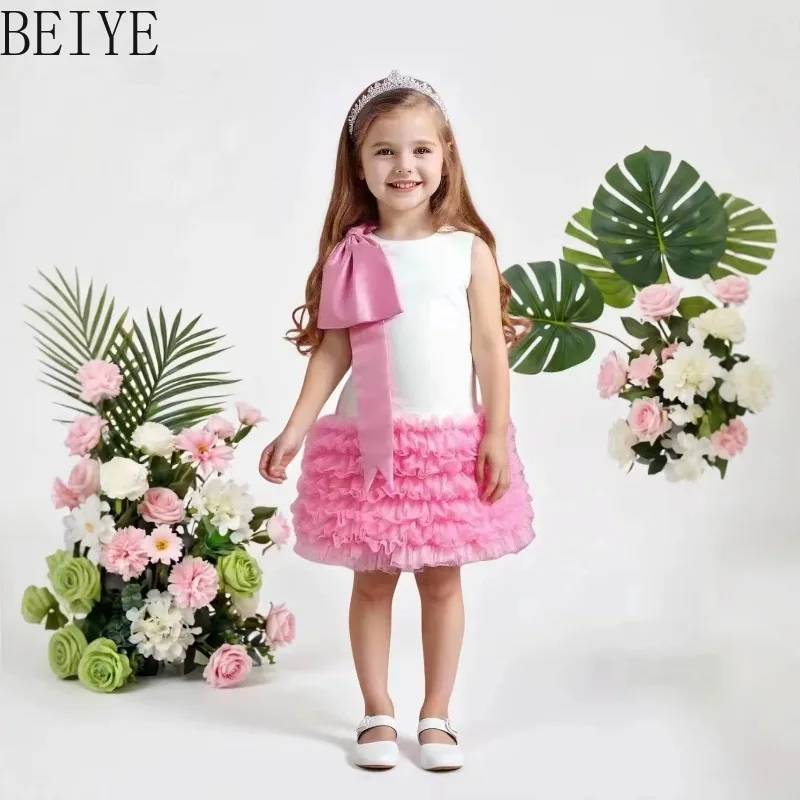 

Baby Girls High End Pink Satin Sleeveless Dress White Bow Gradient Tulle A Line Gown Toddler Formal Occasion Party Costume
