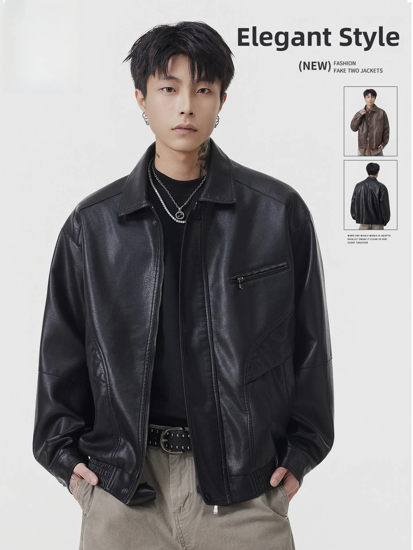 

Jeanswest Men's Bla Leather Jaet Casual American Workwear Sle Spring Autumn Faionable Urban Outfit Stand Fit Zippe...