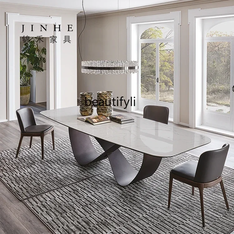 Italian light luxury rock slab dining table villa living room modern minimalist rectangular tempered glass dining table2936