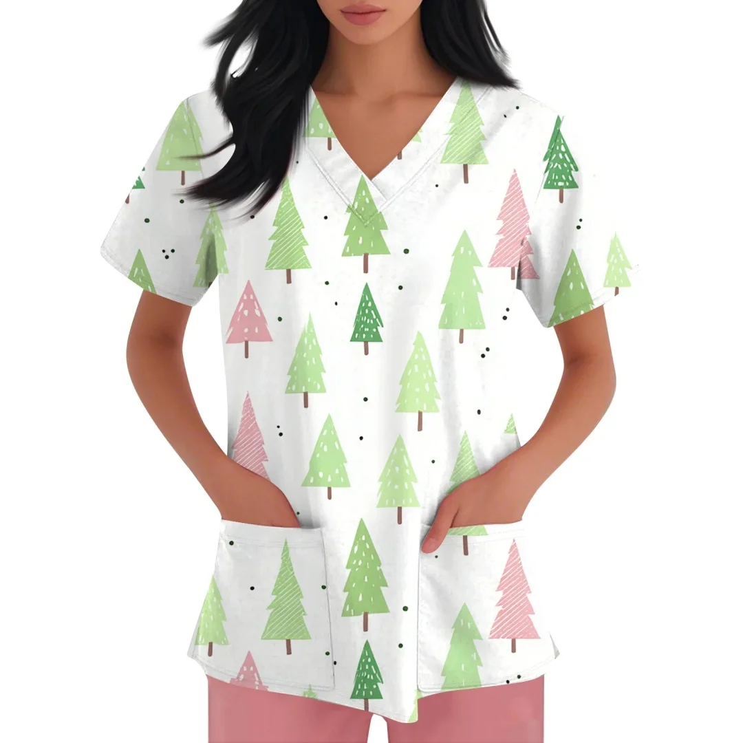 Uniformes bonitos femininos médicos natal boneco de neve padrão dental enfermagem topos com decote em v manga curta bolso santa impressão uniformes enfermeira