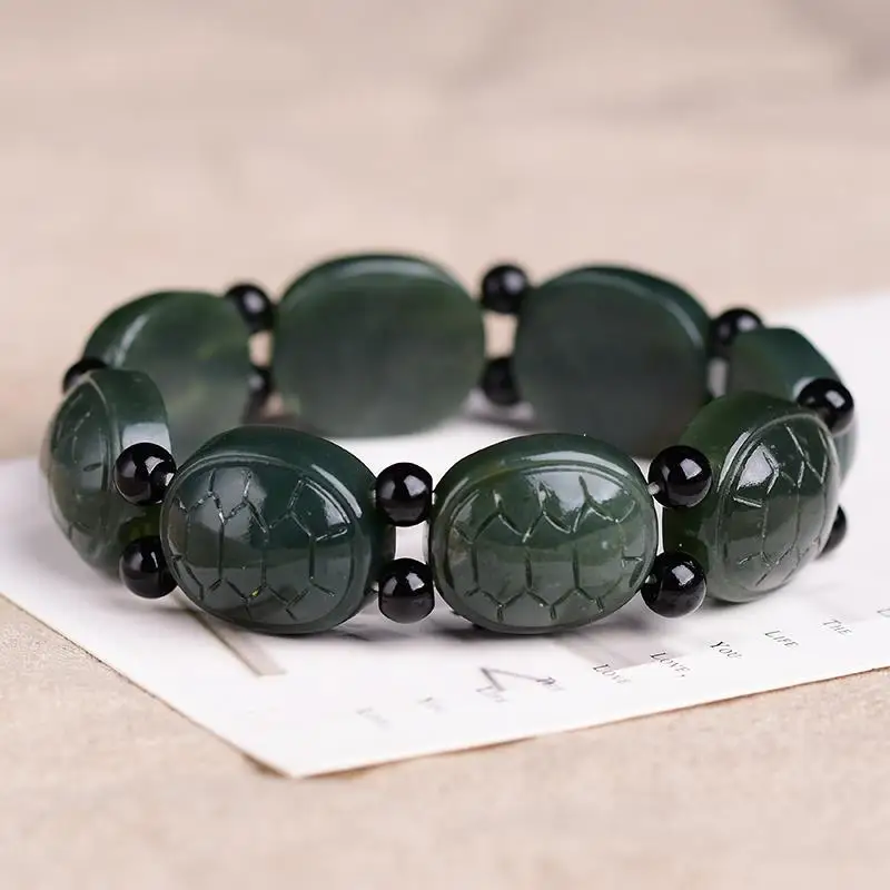 Hotan , Green Dark Jade Back Wealth Longevity Bracelet Men And Wome