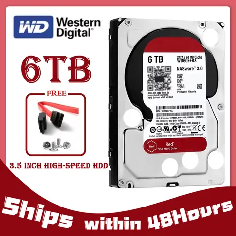 WD Red 6TB (WD60EFRX) 3.5" SATA 6 Gb/s 64MB 5400RPM For Internal Hard Disk For NAS Hard Drive