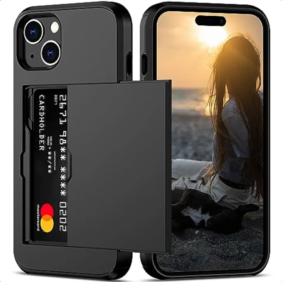 

Nvollnoe Compatible with iPhone 15 Case with Card Holder Heavy Duty Protective Dual Layer Shockproof Hidden Card Slot Slim Wall