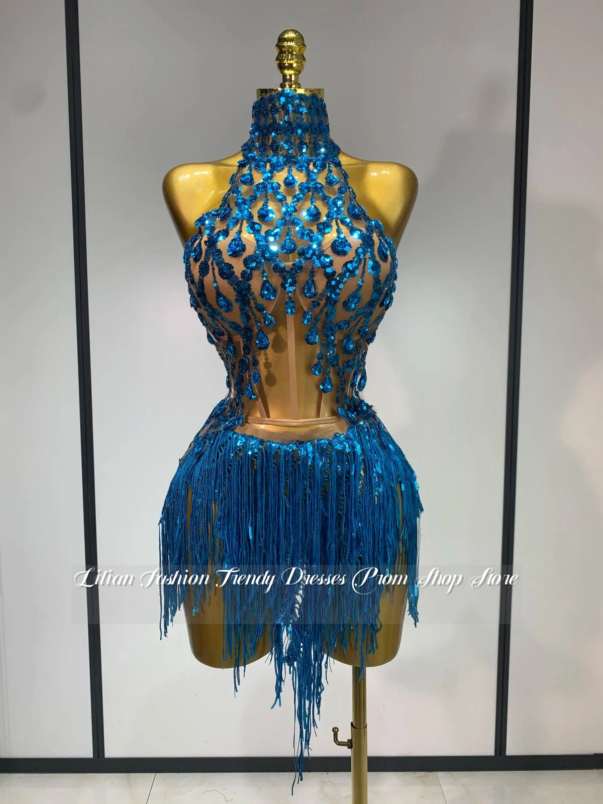 

Великолепное синее коктейльное платье на заказ, мини-юбка с бахромой и кристаллами, расшитая бисером, подол, платье для выпускного вечера для особых случаев, платье для дня рождения