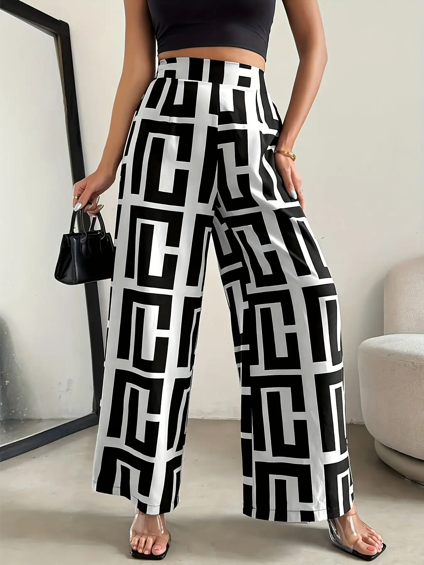 2026 Casual Elegant Bohemian Style - Wide Leg Elastic Waist Two tone Checkered Printed Loose Pants Wide Leg Pants