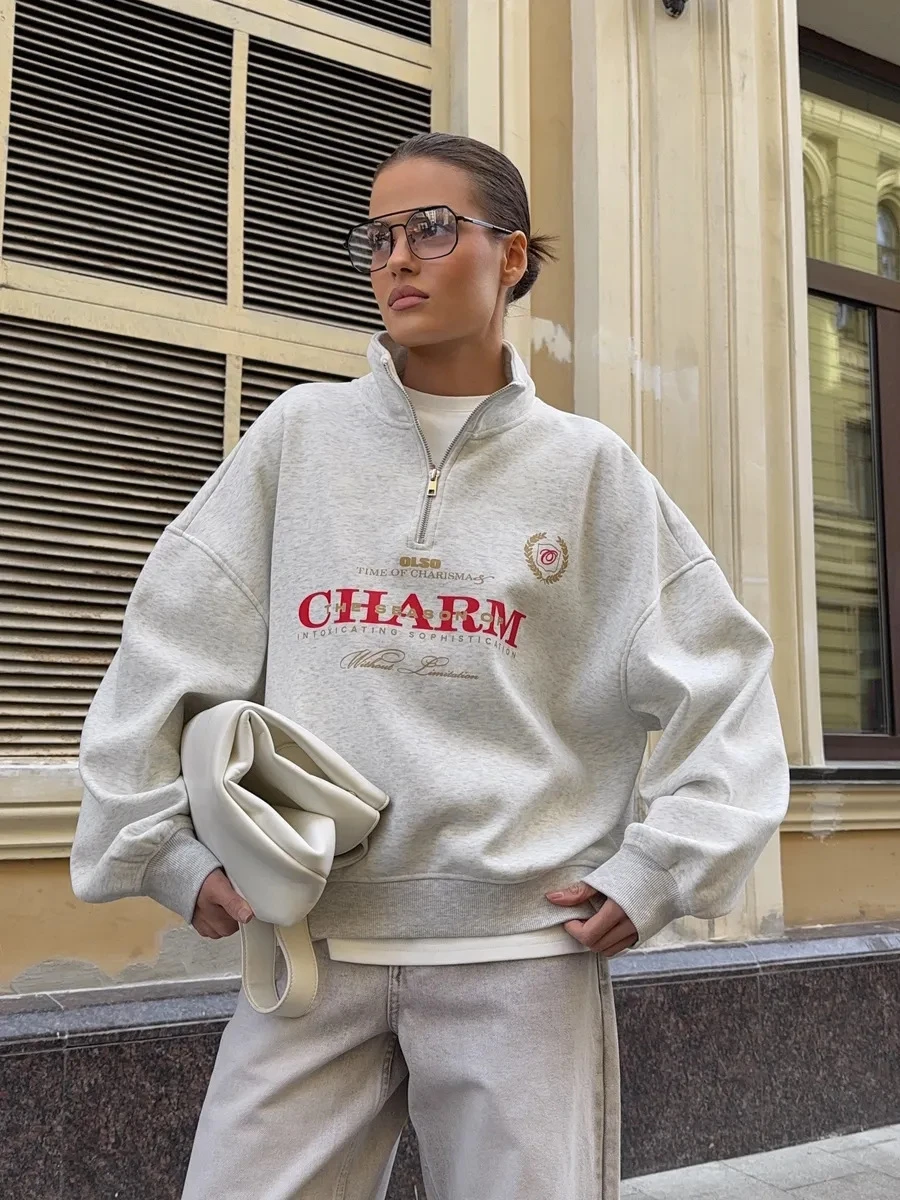 

Свободный модный свитшот с длинными рукавами и принтом, женский, удобный, с круглым вырезом, на молнии, весна 2026, для повседневной носки