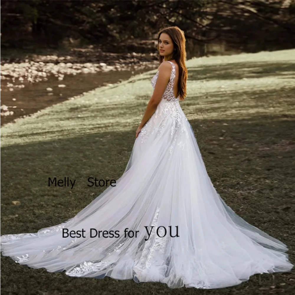 매력적인 V넥 웨딩드레스 슬리브리스 브라이덜 가운 코트 트레인 소프트 튤 신상 베스티도 데 노비아 정교한 신상 로브 드 썸머