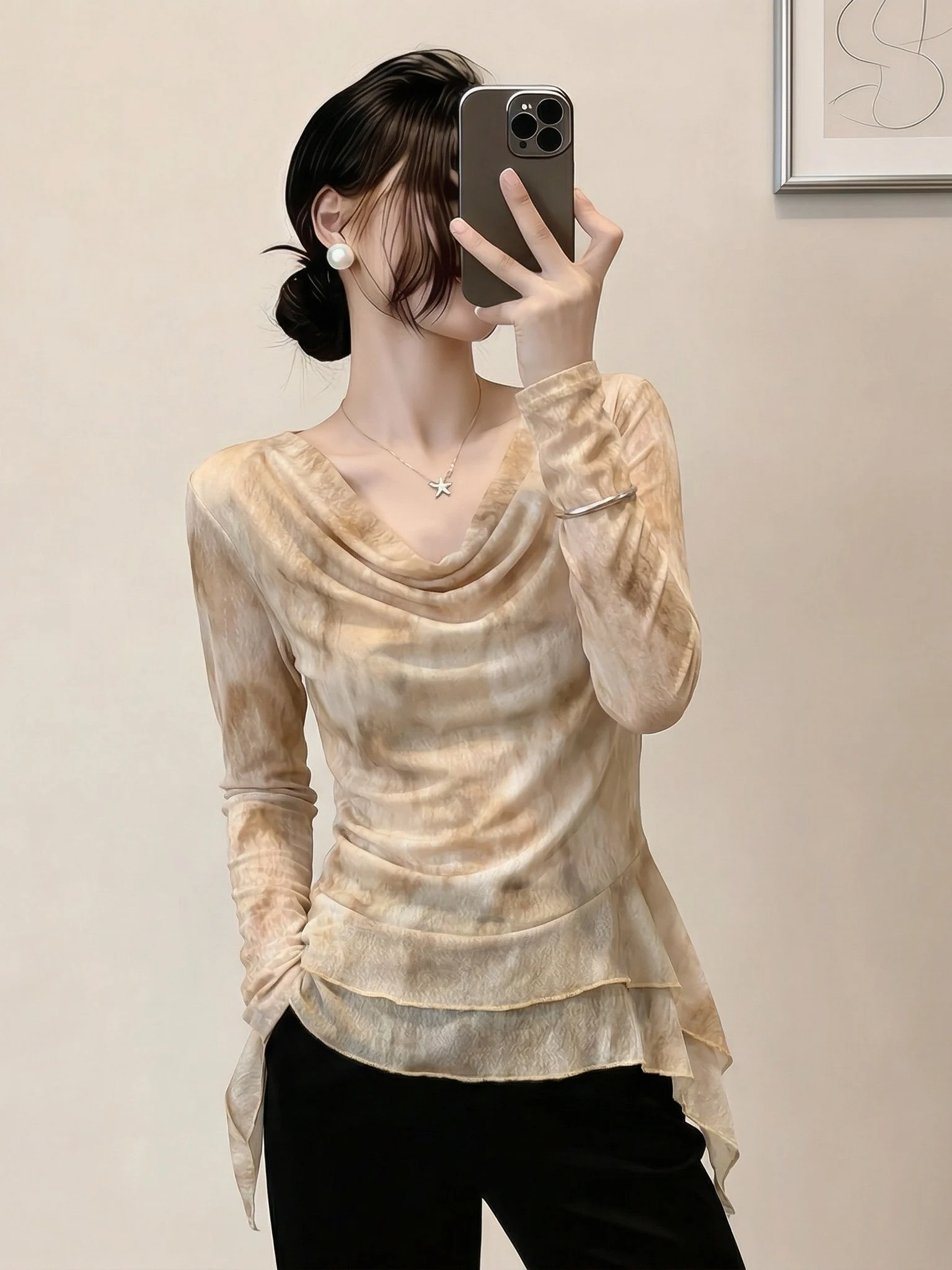 

Trendy Tie-Dye Long Sleeve Women's T-Shirt Shoulder to Shoulder Length Spring Summer New Style plus Size Irregular Top